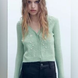 Zara - White Pearl Embellishment Mint Green Button Down Cardigan Size Small